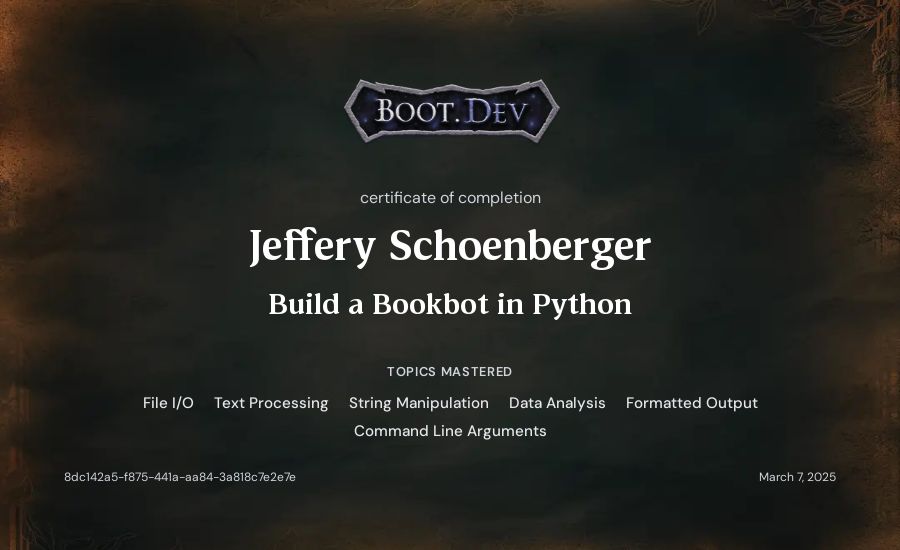 Jeff Schoenberger's Boot.dev Build a BookBot in Python certificate