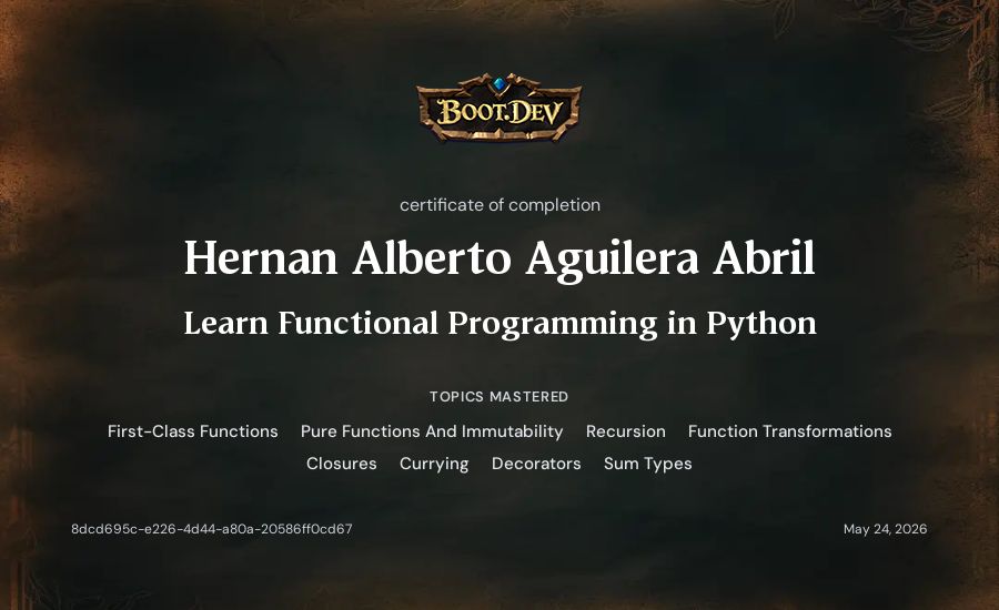 Hernan Alberto Aguilera Abril's Boot.dev Learn Functional Programming in Python certificate