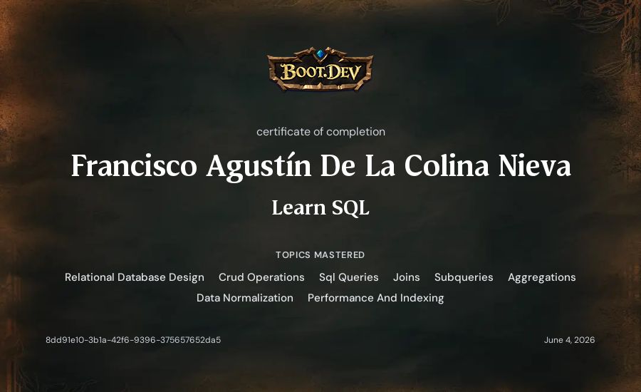 Francisco Agustín De La Colina Nieva's Boot.dev Learn SQL certificate
