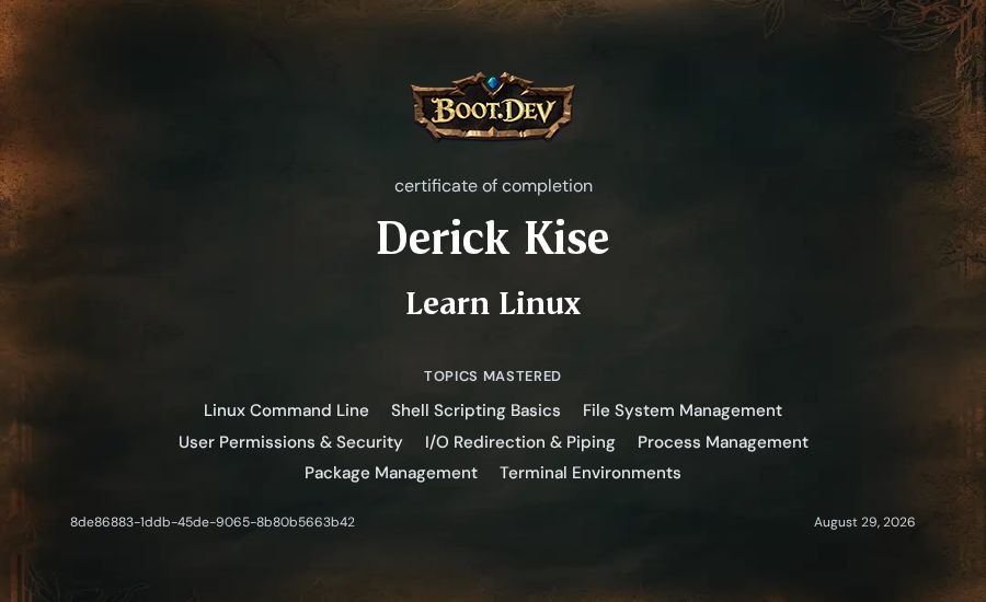 Derick Kise's Boot.dev Learn Linux certificate