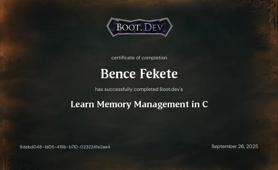 Bence Fekete's Boot.dev Learn Memory Management in C certificate