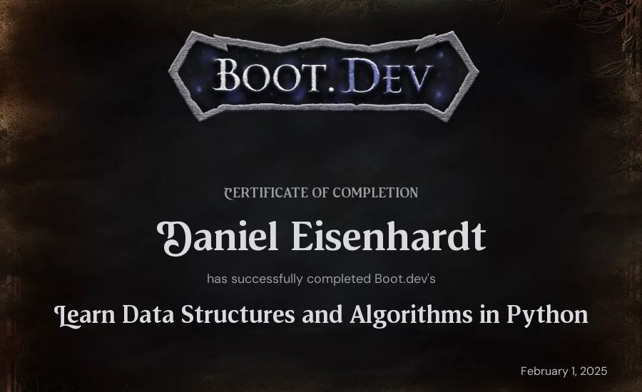 Daniel Eisenhardt's Boot.dev Learn Data Structures and Algorithms in Python certificate