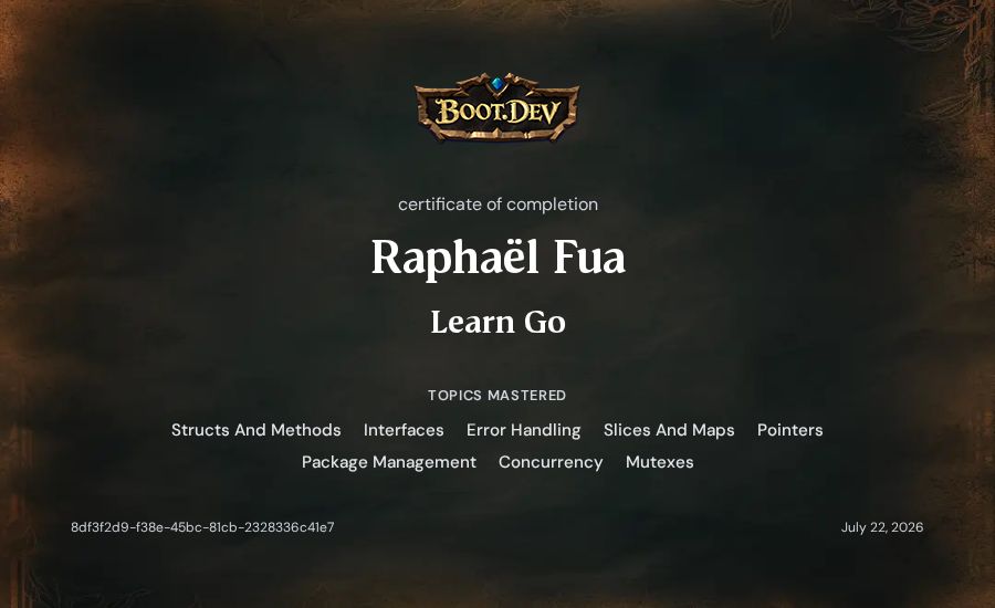 Raphaël Fua-Marcou's Boot.dev Learn Go certificate