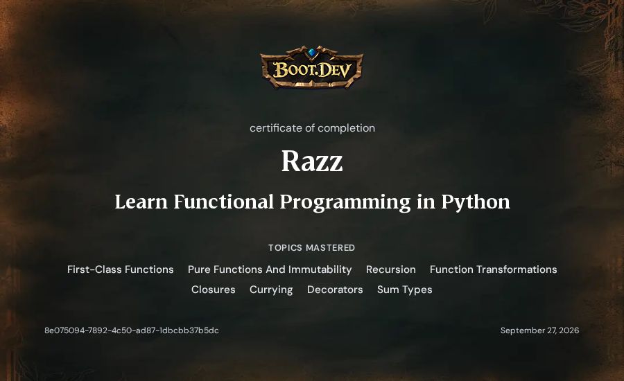 Razz's Boot.dev Learn Functional Programming in Python certificate