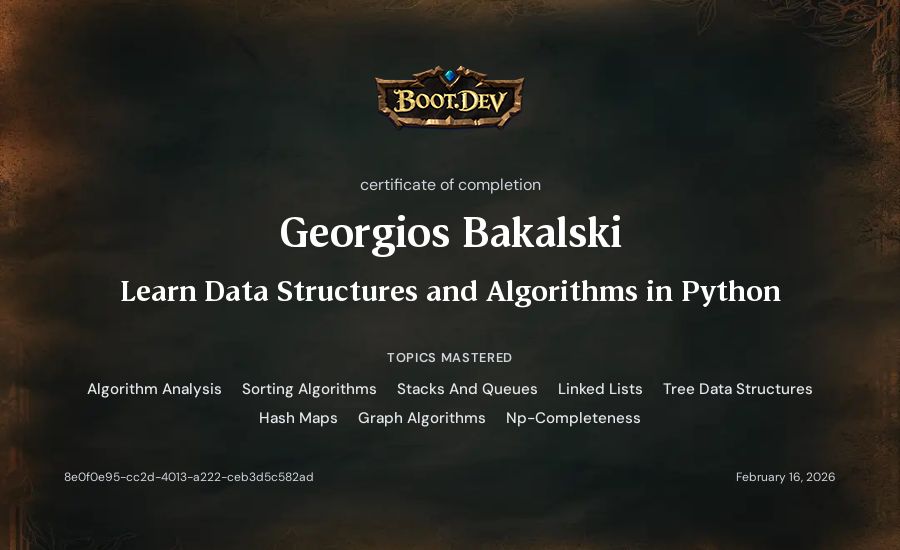 Georgios Bakalski's Boot.dev Learn Data Structures and Algorithms in Python certificate