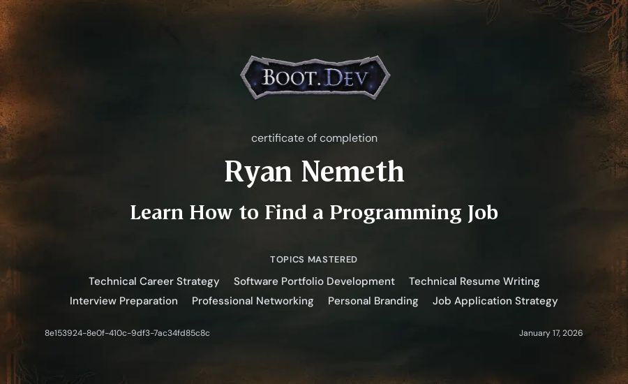 Ryan Nemeth's Boot.dev Learn How to Find a Programming Job certificate