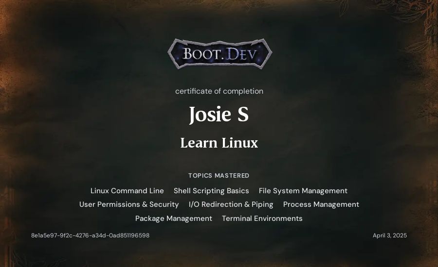 Josie S's Boot.dev Learn Linux certificate
