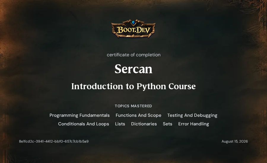 Sercan's Boot.dev Introduction to Python Course certificate