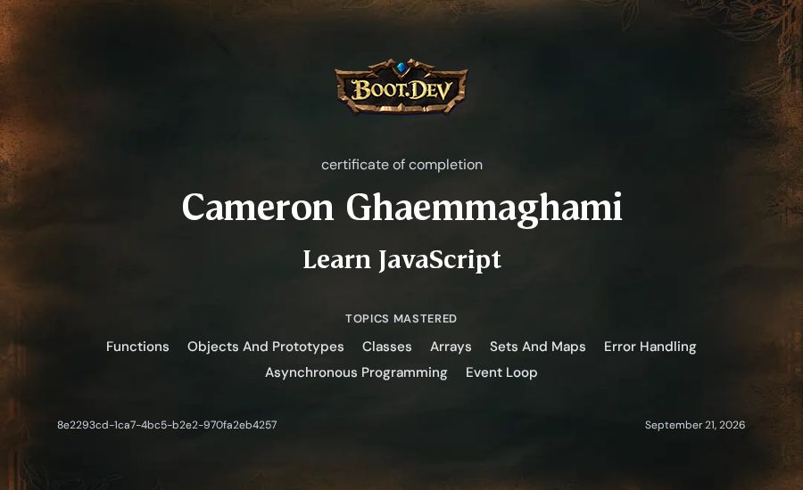 Cameron Ghaemmaghami's Boot.dev Learn JavaScript certificate