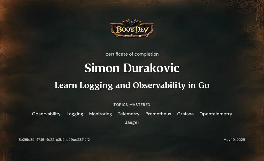 Simon's Boot.dev Learn Logging and Observability in Go certificate