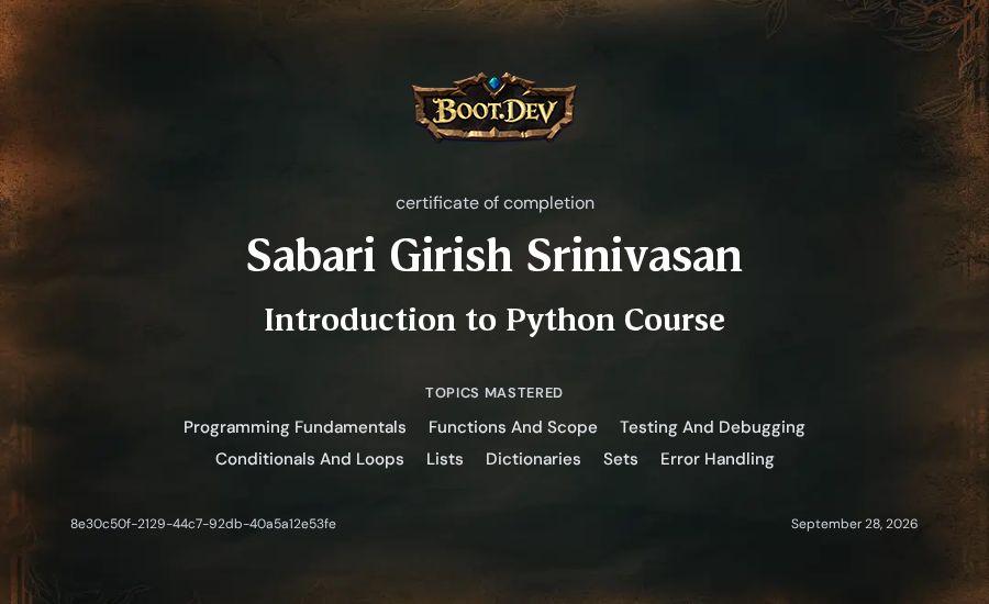 Sabari Girish Srinivasan's Boot.dev Introduction to Python Course certificate