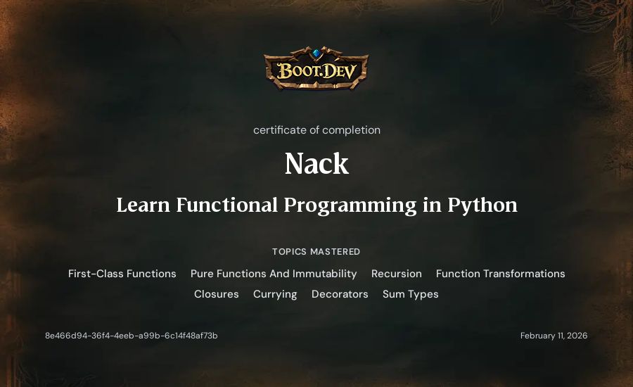 Nack's Boot.dev Learn Functional Programming in Python certificate