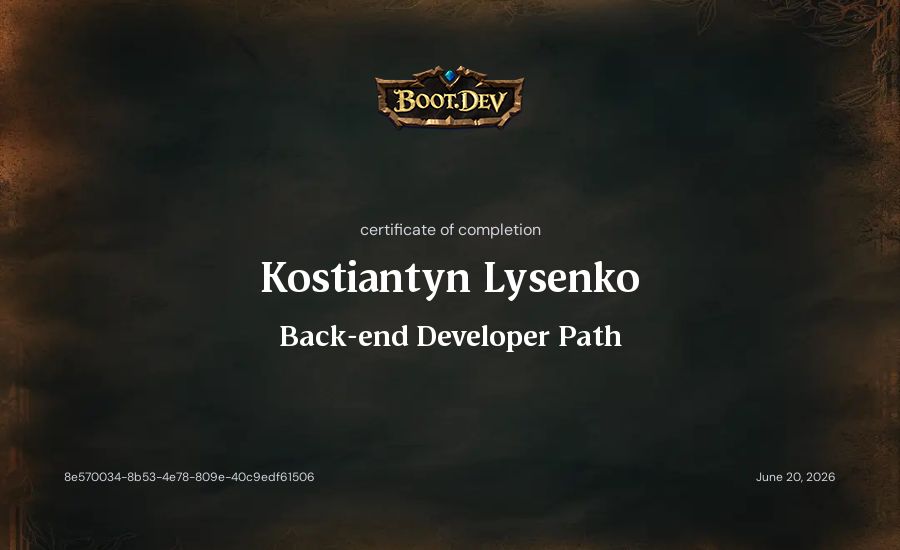 Kostiantyn Lysenko's Boot.dev Backend Developer Path certificate
