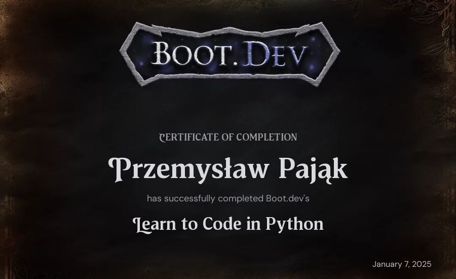 Przemysław Pająk's Boot.dev Introduction to Python Course certificate