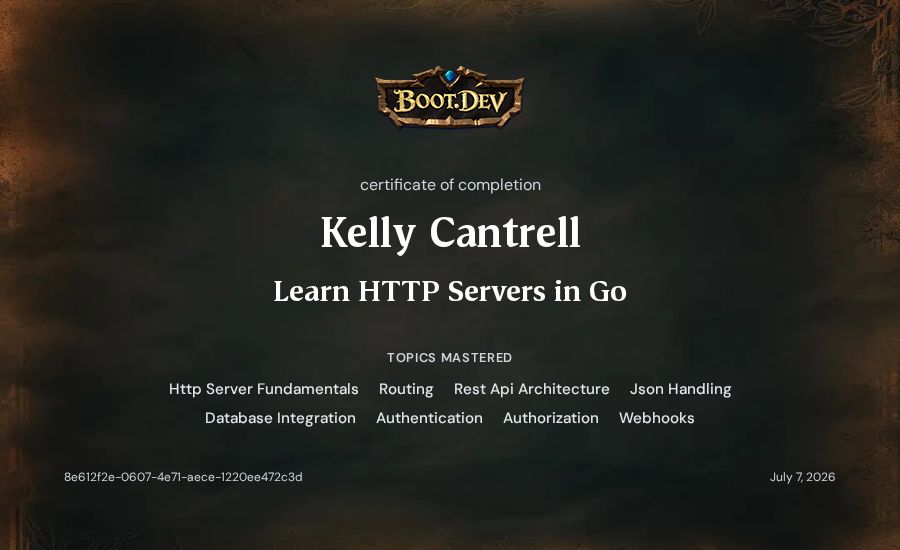 Kelly Cantrell's Boot.dev Learn HTTP Servers in Go certificate