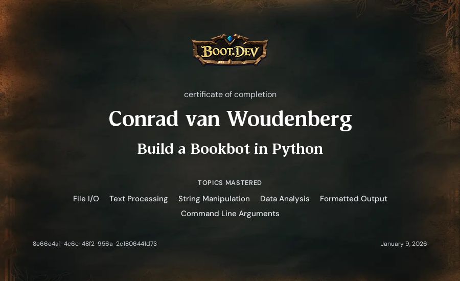 Conrad van Woudenberg's Boot.dev Build a BookBot in Python certificate