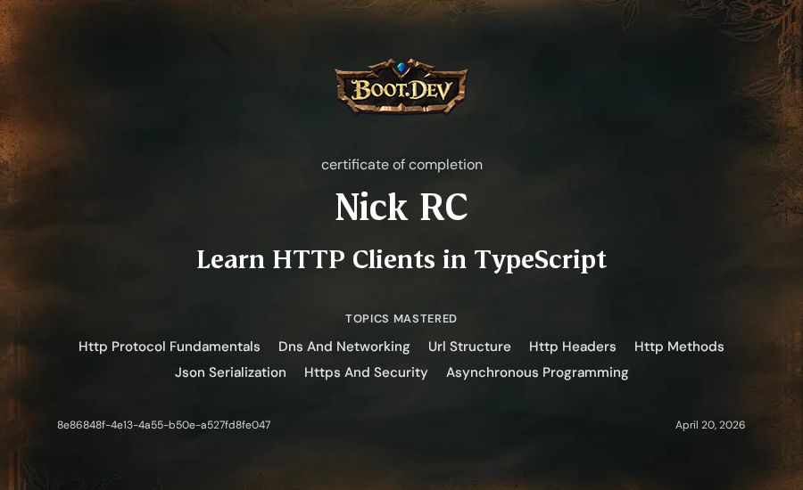 Nick RC's Boot.dev Learn HTTP Clients in TypeScript certificate