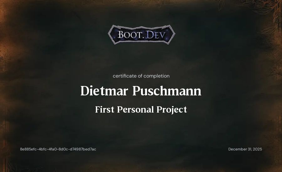 Dietmar Puschmann's Boot.dev First Personal Project certificate