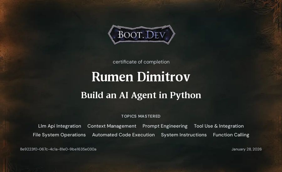 Rumen Dimitrov's Boot.dev Build an AI Agent in Python certificate