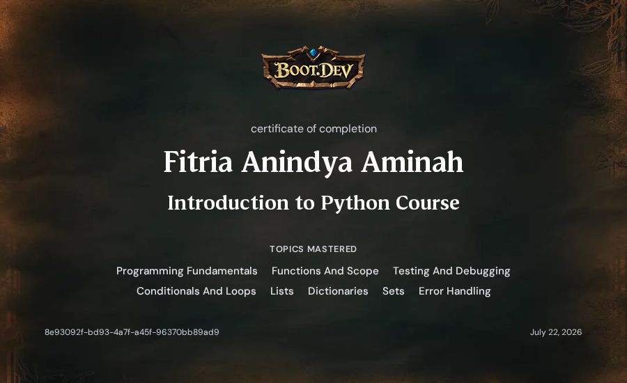 Muh Ridwan Sukri's Boot.dev Introduction to Python Course certificate