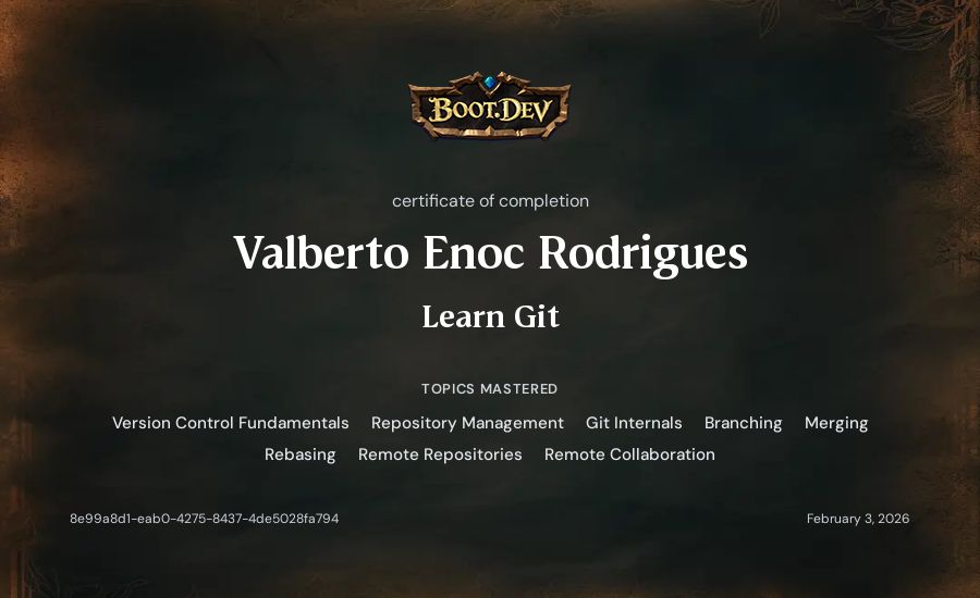 Valberto Enoc Rodrigues's Boot.dev Learn Git certificate