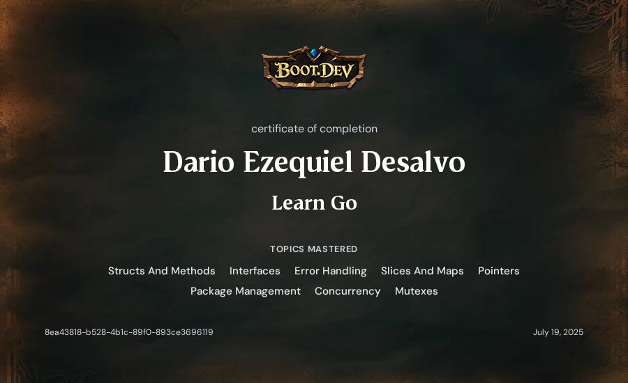 Dario Ezequiel Desalvo's Boot.dev Learn Go certificate