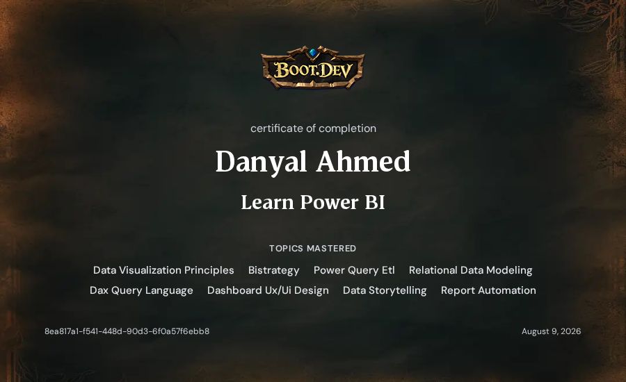 Danyal Ahmed's Boot.dev Learn Power BI certificate
