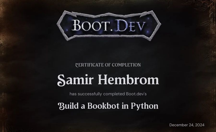 Samir Hembrom's Boot.dev Build a BookBot in Python certificate