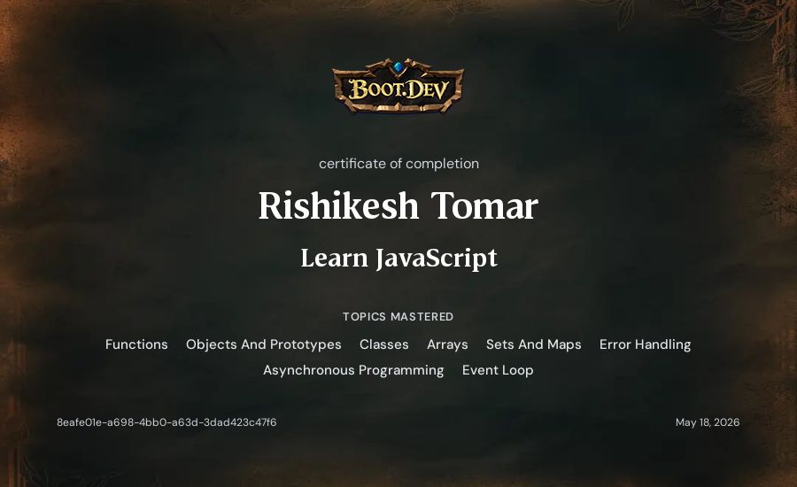 Rishikesh Tomar's Boot.dev Learn JavaScript certificate