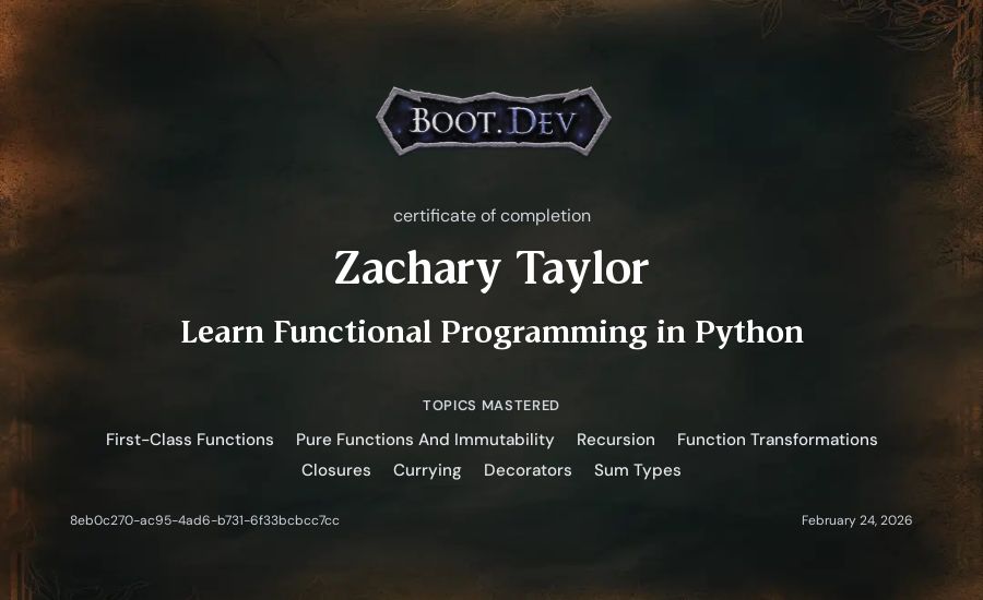 Zachary Taylor's Boot.dev Learn Functional Programming in Python certificate