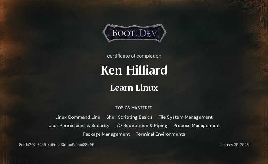 Ken Hilliard's Boot.dev Learn Linux certificate