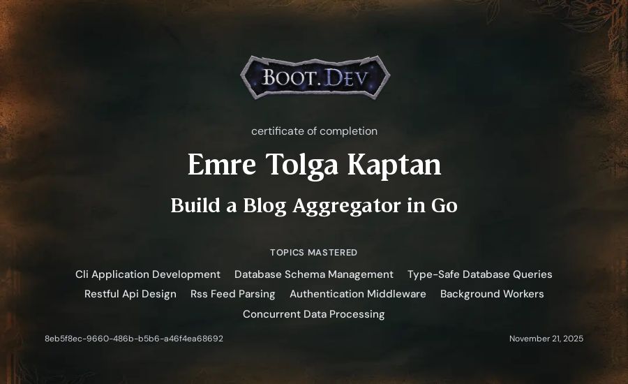 Emre Tolga Kaptan's Boot.dev Build a Blog Aggregator in Go certificate