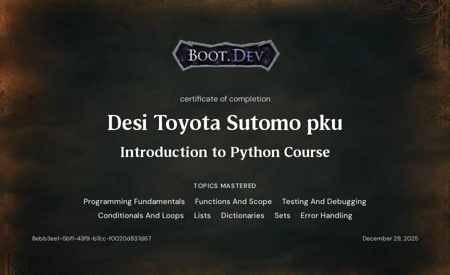 Asfand Butt's Boot.dev Introduction to Python Course certificate