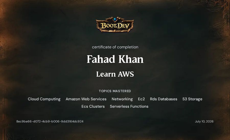 Fahad Khan's Boot.dev Learn AWS certificate