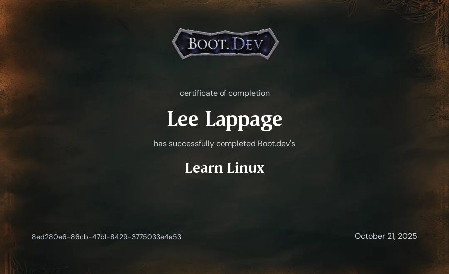 Lee Lappage's Boot.dev Learn Linux certificate