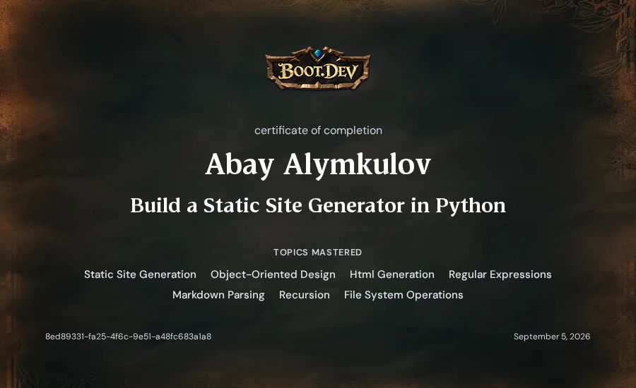 Abay Alymkulov's Boot.dev Build a Static Site Generator in Python certificate