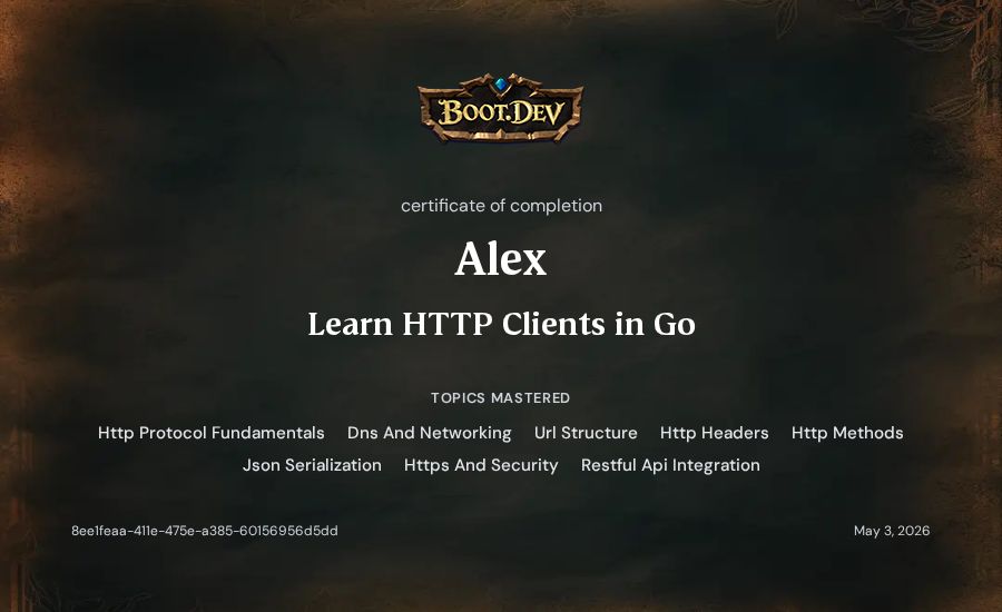 Alex's Boot.dev Learn HTTP Clients in Go certificate