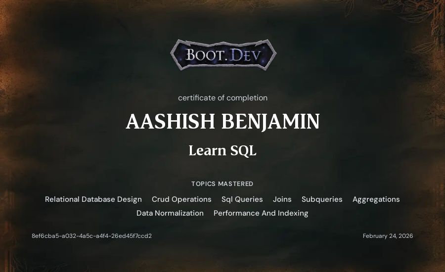 AASHISH BENJAMIN's Boot.dev Learn SQL certificate