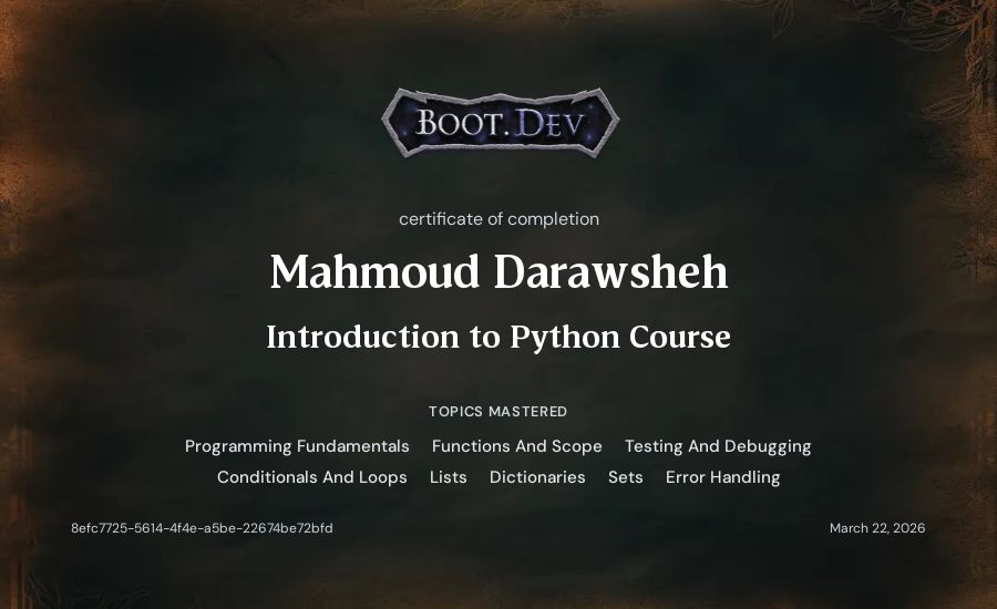 Mahmoud Darawsheh's Boot.dev Introduction to Python Course certificate