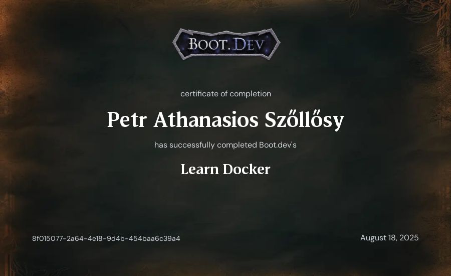 Petr Athanasios Szőllősy's Boot.dev Learn Docker certificate