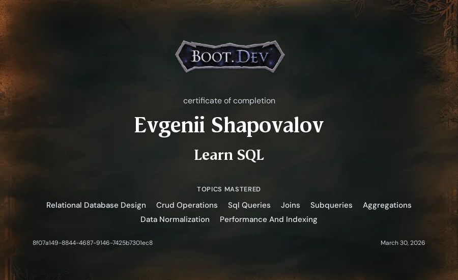 Evgenii Shapovalov's Boot.dev Learn SQL certificate
