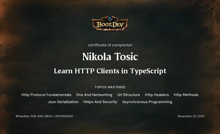 Nikola Tosic's Boot.dev Learn HTTP Clients in TypeScript certificate