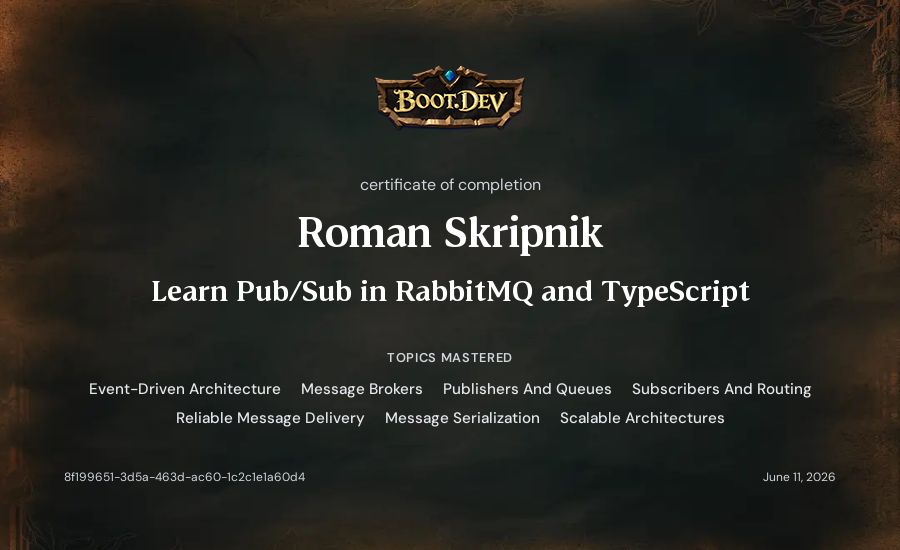 Roman Skripnik's Boot.dev Learn Pub/Sub in RabbitMQ and TypeScript certificate