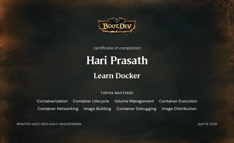 Hari Prasath's Boot.dev Learn Docker certificate