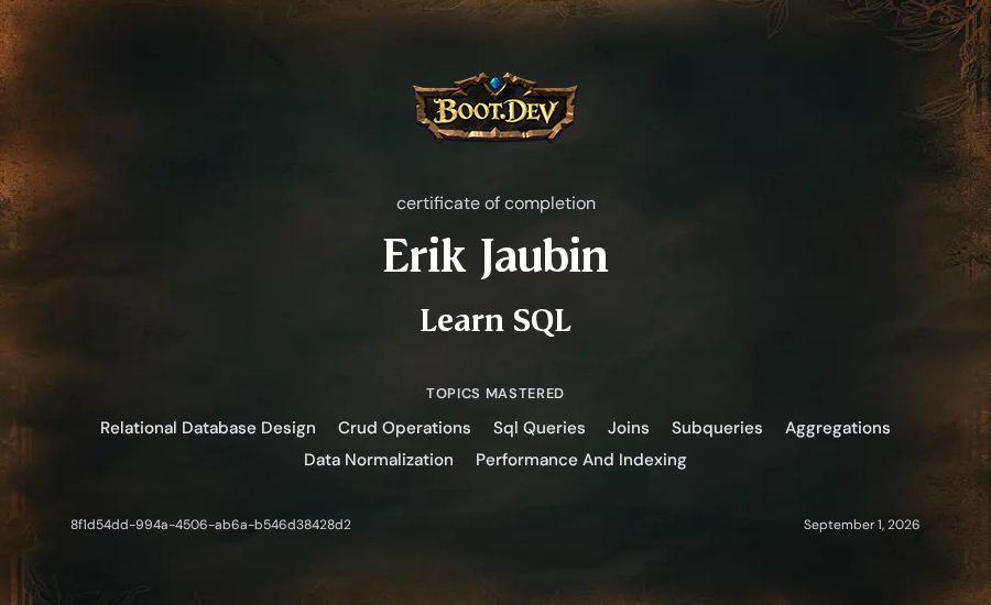 Erik Jaubin's Boot.dev Learn SQL certificate