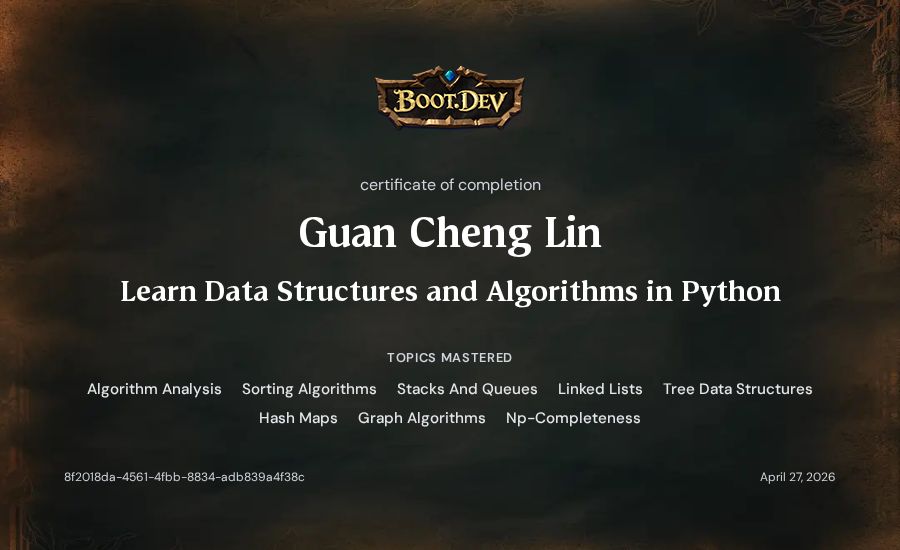 Guan Cheng Lin's Boot.dev Learn Data Structures and Algorithms in Python certificate