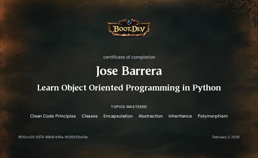 Jose Barrera's Boot.dev Learn Object Oriented Programming in Python certificate