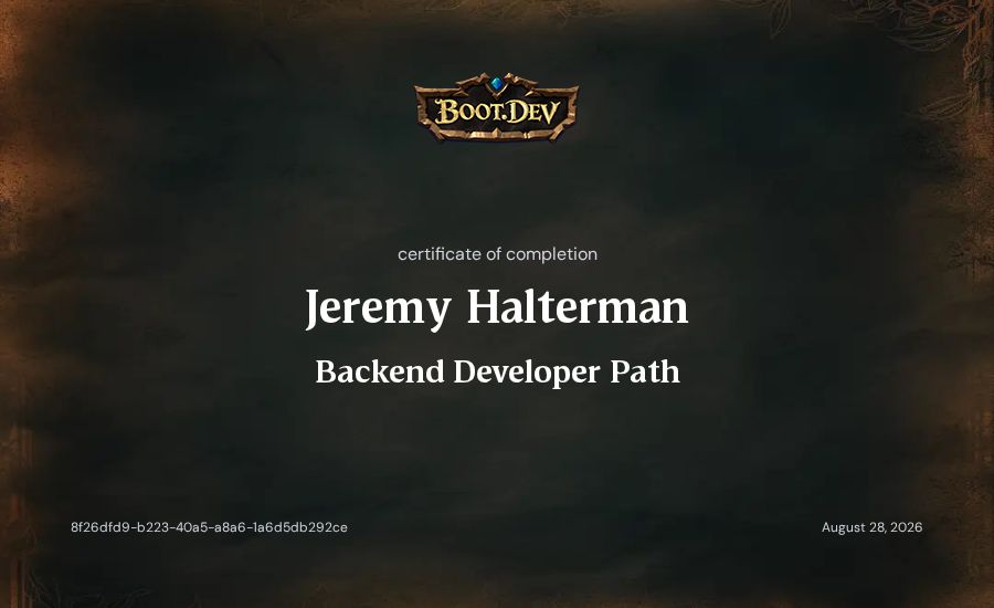 Jeremy Halterman's Boot.dev Backend Developer Path certificate
