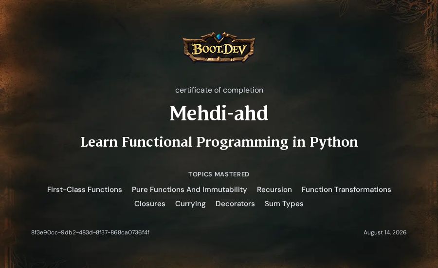 Mehdi-ahd's Boot.dev Learn Functional Programming in Python certificate