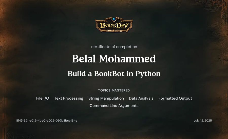Belal Mohammed's Boot.dev Build a BookBot in Python certificate